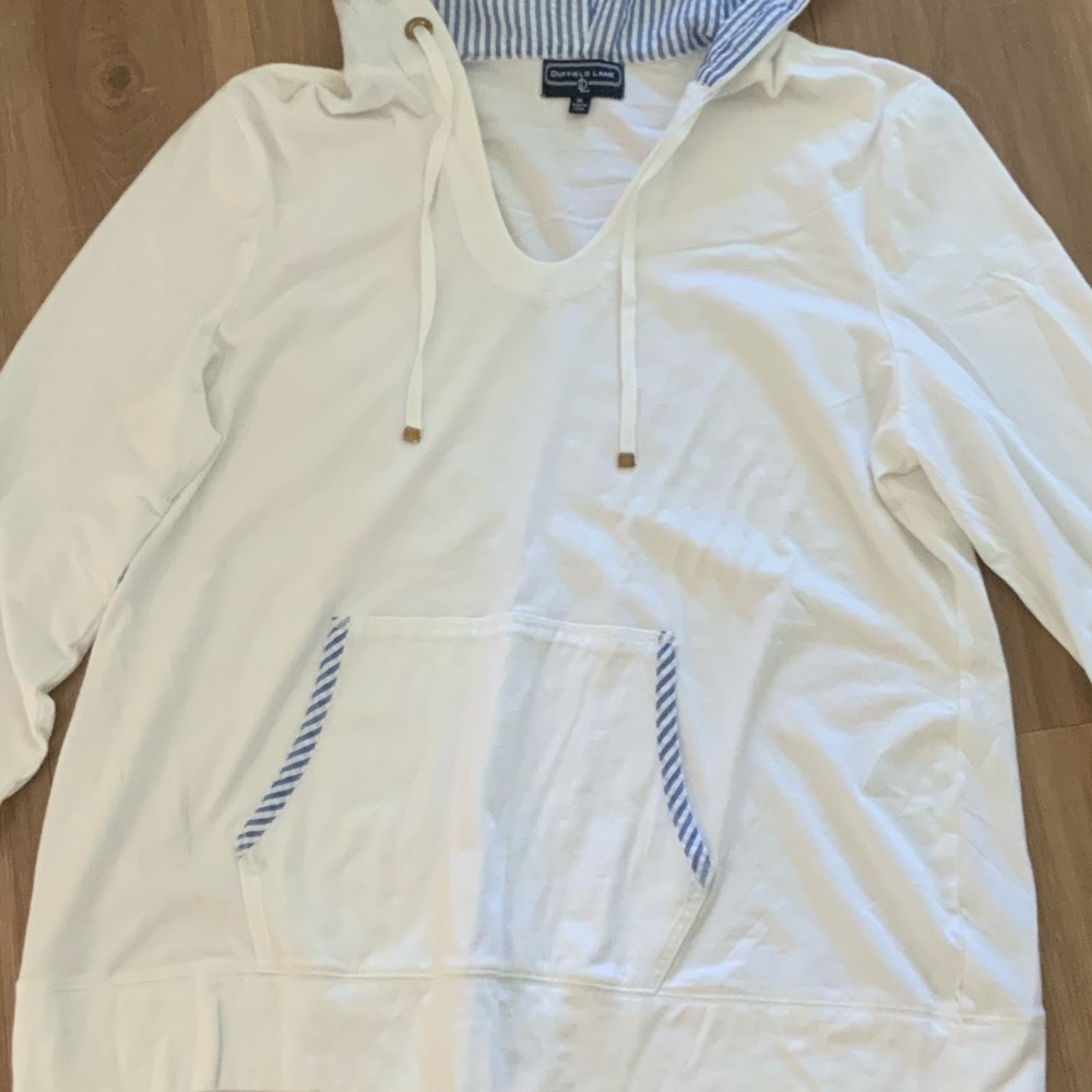 Charter Club White Hooded Long-Sleeve Tee with Blue Stripe Trim